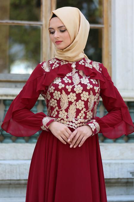 Tesettürlü Abiye Elbise - Çiçek İşlemeli Bordo Tesettür Abiye Elbise 7498BR - 3