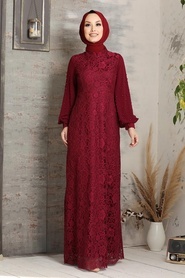 Tesettürlü Abiye Elbise - Claret Red Hijab Evening Dress 5006BR - Thumbnail