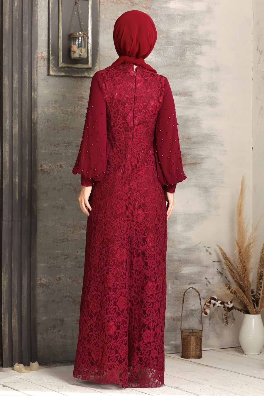 Tesettürlü Abiye Elbise - Claret Red Hijab Evening Dress 5006BR