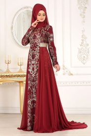 Tesettürlü Abiye Elbise - Claret Red Hijab Evening Dress 7611BR - Thumbnail