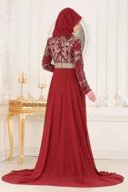 Tesettürlü Abiye Elbise - Claret Red Hijab Evening Dress 7611BR - Thumbnail