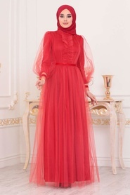Tesettürlü Abiye Elbise - Coral Color Hijab Evening Dress 3999MR - Thumbnail