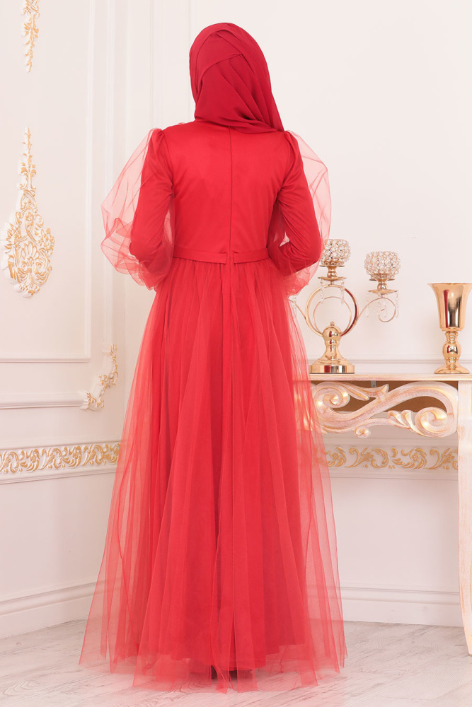 Tesettürlü Abiye Elbise - Coral Color Hijab Evening Dress 3999MR - 3