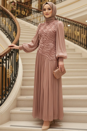 Tesettürlü Abiye Elbise - Dalga Desen Büzgülü Somon Tesettür Abiye Elbise 5538SMN 