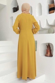 Tesettürlü Abiye Elbise - Dantel Detaylı Asidik Sarı Tesettür Abiye Elbise 3305AS - Thumbnail