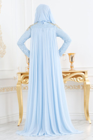Tesettürlü Abiye Elbise - Dantel Detaylı Bebek Mavisi Tesettür Abiye Elbise 8110BM - Thumbnail