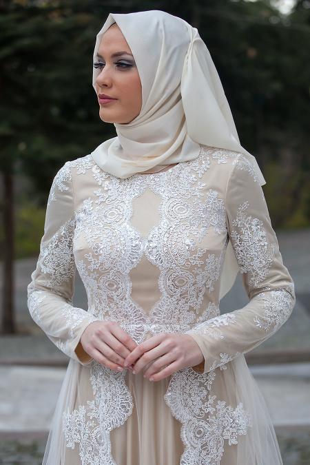 Tesettürlü Abiye Elbise - Dantel Detaylı Beyaz Abiye Elbise 4152B - 3