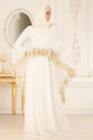 Tesettürlü Abiye Elbise - Dantel Detaylı Beyaz Tesettür Abiye Elbise 2012B - Thumbnail