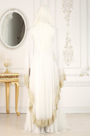 Tesettürlü Abiye Elbise - Dantel Detaylı Beyaz Tesettür Abiye Elbise 2012B - Thumbnail