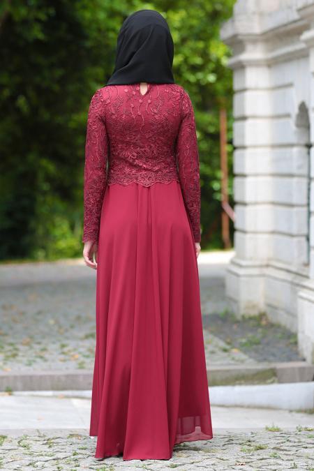 Tesettürlü Abiye Elbise - Dantel Detaylı Bordo Abiye Elbise 76463BR - 2