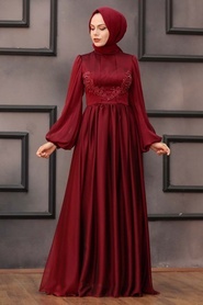 Tesettürlü Abiye Elbise - Dantel Detaylı Bordo Tesettür Abiye Elbise 33190BR - Thumbnail