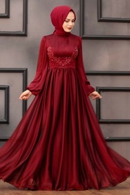 Tesettürlü Abiye Elbise - Dantel Detaylı Bordo Tesettür Abiye Elbise 33190BR - Thumbnail