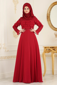 Tesettürlü Abiye Elbise - Dantel Detaylı Bordo Tesettür Abiye Elbise 3652BR - Thumbnail