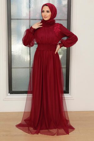 Tesettürlü Abiye Elbise - Dantel Detaylı Bordo Tesettür Abiye Elbise 56520BR - 2