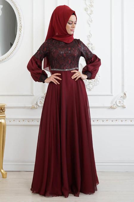 Tesettürlü Abiye Elbise - Dantel Detaylı Bordo Tesettür Abiye Elbise 8241BR - 2