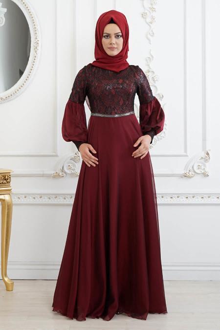 Tesettürlü Abiye Elbise - Dantel Detaylı Bordo Tesettür Abiye Elbise 8241BR - 3