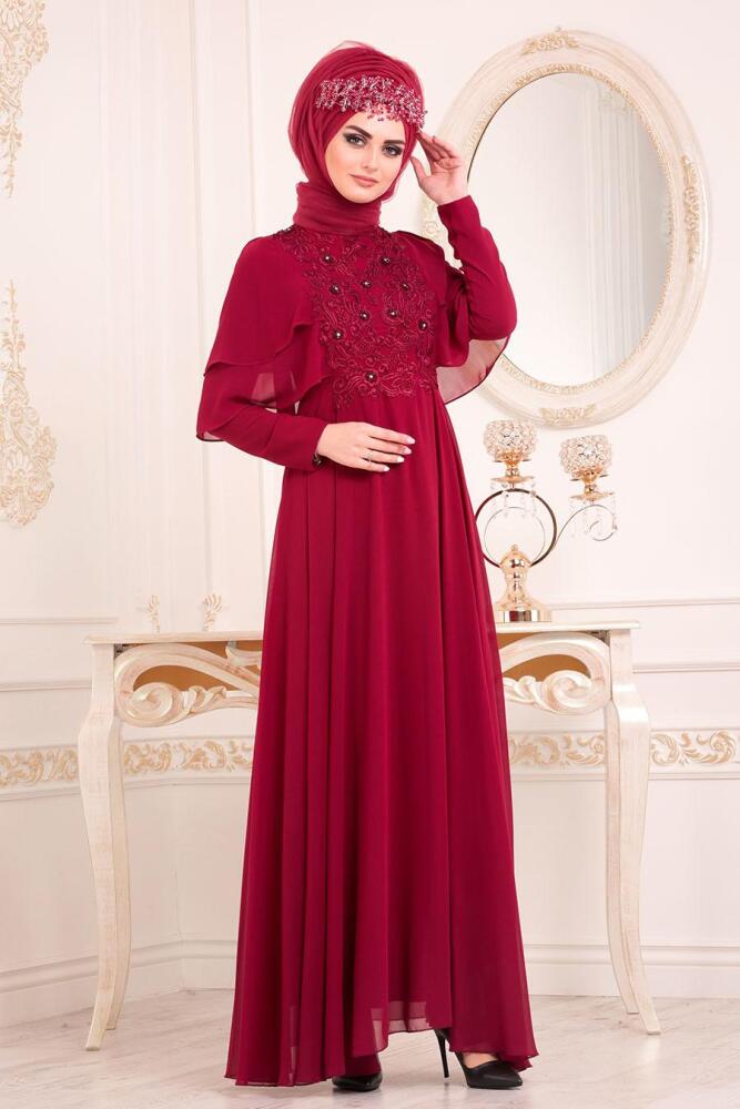 Tesettürlü Abiye Elbise - Dantel Detaylı Bordo Tesettür Abiye Elbise 8448BR - 1