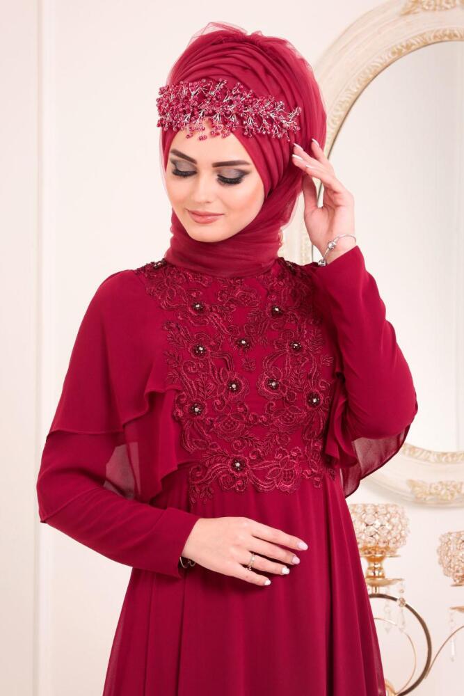 Tesettürlü Abiye Elbise - Dantel Detaylı Bordo Tesettür Abiye Elbise 8448BR - 2