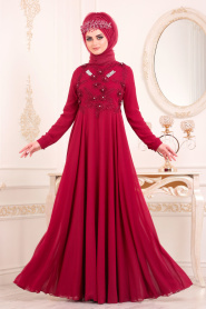 Tesettürlü Abiye Elbise - Dantel Detaylı Bordo Tesettür Abiye Elbise 84701BR - Thumbnail