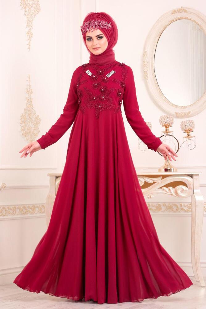 Tesettürlü Abiye Elbise - Dantel Detaylı Bordo Tesettür Abiye Elbise 84701BR - 1