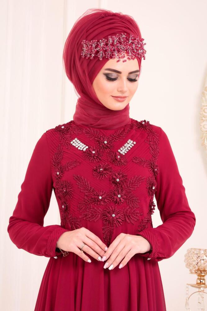 Tesettürlü Abiye Elbise - Dantel Detaylı Bordo Tesettür Abiye Elbise 84701BR - 2