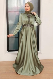 Tesettürlü Abiye Elbise - Dantel Detaylı Çağla Yeşili Tesettür Abiye Elbise 22221CY - Thumbnail