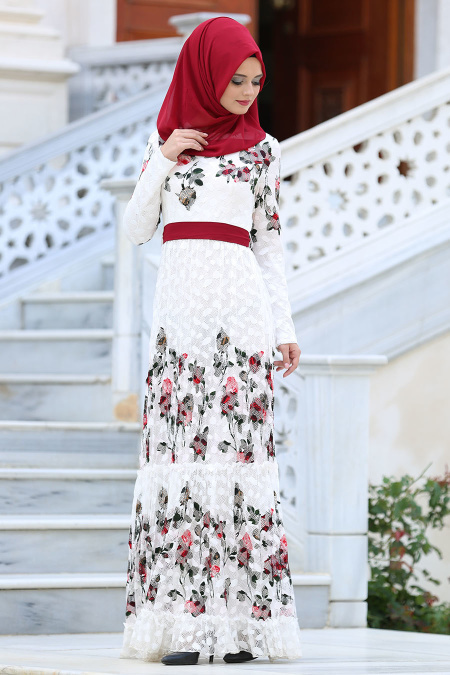 Tesettürlü Abiye Elbise - Dantel Detaylı Çiçek Desenli Beyaz Tesettür Abiye Elbise 7777B