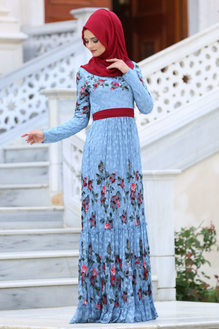 Tesettürlü Abiye Elbise - Dantel Detaylı Çiçek Desenli Mavi Tesettür Abiye Elbise 7777M