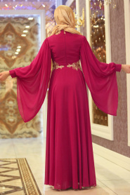 Tesettürlü Abiye Elbise - Dantel Detaylı Fuşya Tesettür Abiye Elbise 7559F - Thumbnail