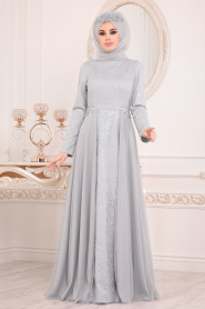 Tesettürlü Abiye Elbise - Dantel Detaylı Gri Tesettür Abiye Elbise 20620GR - Thumbnail