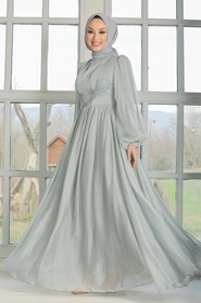 Tesettürlü Abiye Elbise - Dantel Detaylı Gri Tesettür Abiye Elbise 33190GR - Thumbnail