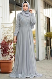 Tesettürlü Abiye Elbise - Dantel Detaylı Gri Tesettür Abiye Elbise 39210GR - Thumbnail