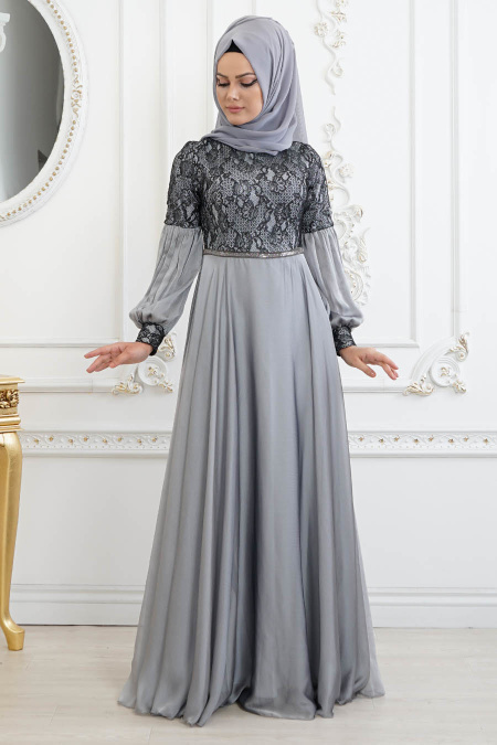 Tesettürlü Abiye Elbise - Dantel Detaylı Gri Tesettür Abiye Elbise 8241GR