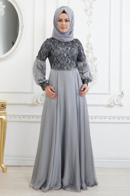 Tesettürlü Abiye Elbise - Dantel Detaylı Gri Tesettür Abiye Elbise 8241GR - Thumbnail