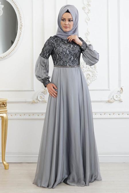 Tesettürlü Abiye Elbise - Dantel Detaylı Gri Tesettür Abiye Elbise 8241GR - 3