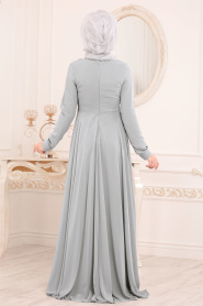 Tesettürlü Abiye Elbise - Dantel Detaylı Gri Tesettür Abiye Elbise 84701GR - Thumbnail