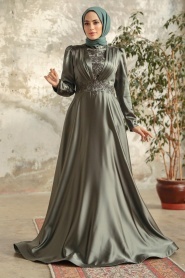 Tesettürlü Abiye Elbise - Dantel Detaylı Haki Tesettür Abiye Elbise 22221HK - Thumbnail