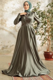 Tesettürlü Abiye Elbise - Dantel Detaylı Haki Tesettür Abiye Elbise 22221HK - Thumbnail
