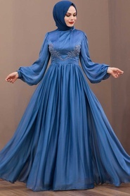 Tesettürlü Abiye Elbise - Dantel Detaylı İndigo Mavisi Tesettür Abiye Elbise 33190IM - Thumbnail