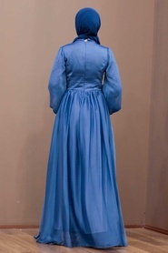 Tesettürlü Abiye Elbise - Dantel Detaylı İndigo Mavisi Tesettür Abiye Elbise 33190IM - Thumbnail