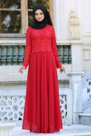 Tesettürlü Abiye Elbise - Dantel Detaylı Kırmızı Abiye Elbise 76463K - Thumbnail