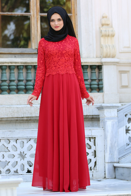 Tesettürlü Abiye Elbise - Dantel Detaylı Kırmızı Abiye Elbise 76463K