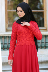 Tesettürlü Abiye Elbise - Dantel Detaylı Kırmızı Abiye Elbise 76463K - Thumbnail