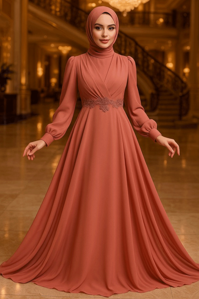 Tesettürlü Abiye Elbise - Dantel Detaylı Koyu Somon Tesettür Abiye Elbise 3435KSMN - TESETTÜRLÜ ABİYE ELBİSELER