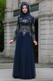 Tesettürlü Abiye Elbise - Dantel Detaylı Lacivert Tesettür Abiye Elbise 7636L - Thumbnail
