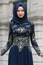 Tesettürlü Abiye Elbise - Dantel Detaylı Lacivert Tesettür Abiye Elbise 7636L - Thumbnail