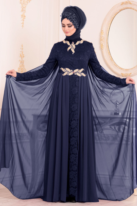Tesettürlü Abiye Elbise - Dantel Detaylı Lacivert Tesettür Abiye Elbise 8110L