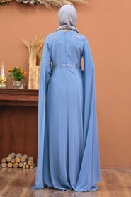 Tesettürlü Abiye Elbise - Dantel Detaylı Mavi Tesettür Abiye Elbise 3803M - Thumbnail
