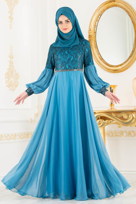 Tesettürlü Abiye Elbise - Dantel Detaylı Mavi Tesettür Abiye Elbise 8241M