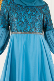 Tesettürlü Abiye Elbise - Dantel Detaylı Mavi Tesettür Abiye Elbise 8241M - Thumbnail